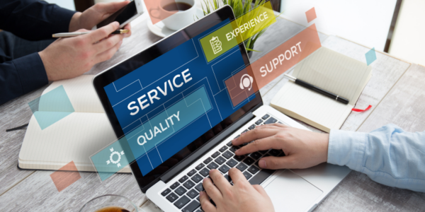 IT services representative's hands at a laptop while meeting with another professional
